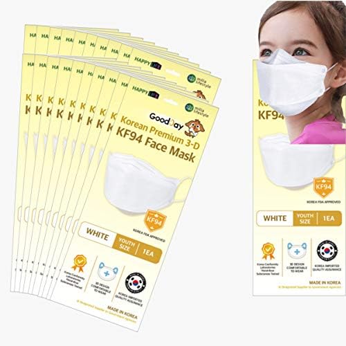 (Pack of 20) Premium 3D Disposable White Kids KF94- Face Mask, Youth Mask, Age 5-15 Old, 4-Layer Filters, Protective Nose Mouth Covering Dust Mask, Individual Packs, White Color, Made in Korea. (20)