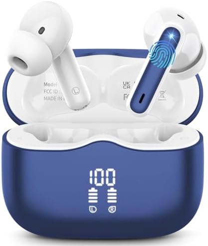 Wireless Earbuds, Bluetooth 5.4 Headphones in Ear with HiFi Stereo Deep Bass, 4 ENC Noise Cancelling Mic Wireless Earphones 40H, in-Ear Earbud Bluetooth Dual LED Display IP7 Waterproof, Dark Blue