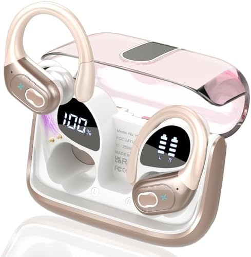 Wireless Earbuds 75hrs Bluetooth 5.4 Headphone Sport, 2025 Bluetooth Earbuds Stereo Deep Bass Over Ear Bud with Earhooks, ENC Noise Cancelling Mic, IPX7 Waterproof Earphone Rose Gold