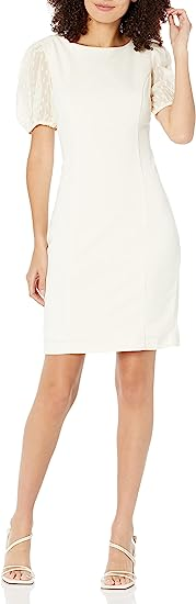 DKNY Women's Scuba Crepe Clip Box Lurex Chiffon Mixed Media Shealth Dress